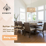 BYKWRTV Rattan Farmhouse Chandelier Light Fixture, 5-Light Boho Chandeliers for Dining Room with Wicker Lampshade, Rattan Pendant Light Drum Chandelier for Living Room Kitchen Island Bedroom BYKWRTV
