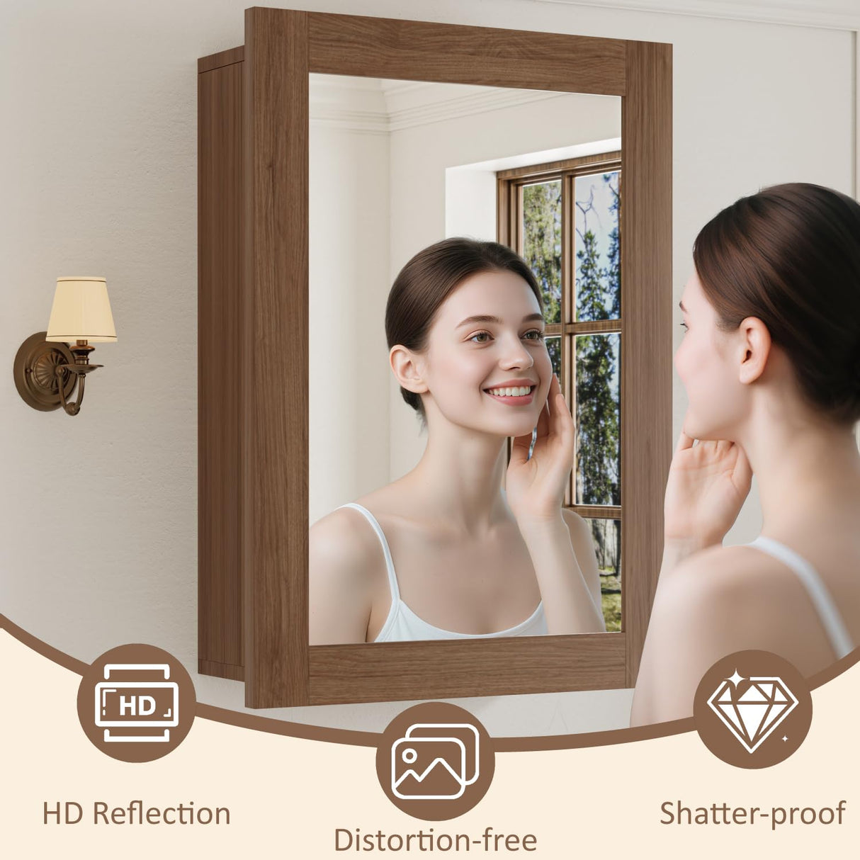 24 x 30 Inch Walnut Grain Medicine Cabinet with Mirror, Recessed or Wall-Mounted Wood Storage Cabinet for Bathroom, Adjustable Shelves, Soft-Close Hinges, Rectangle Buruis