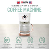 Haden Coffee Machine, 12 Cup Programmable Drip Coffee Maker with Auto Shut-Off Function and Reusable Washable Water Filter, Ivory & Copper HADEN