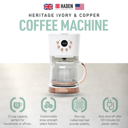 Haden Coffee Machine, 12 Cup Programmable Drip Coffee Maker with Auto Shut-Off Function and Reusable Washable Water Filter, Ivory & Copper