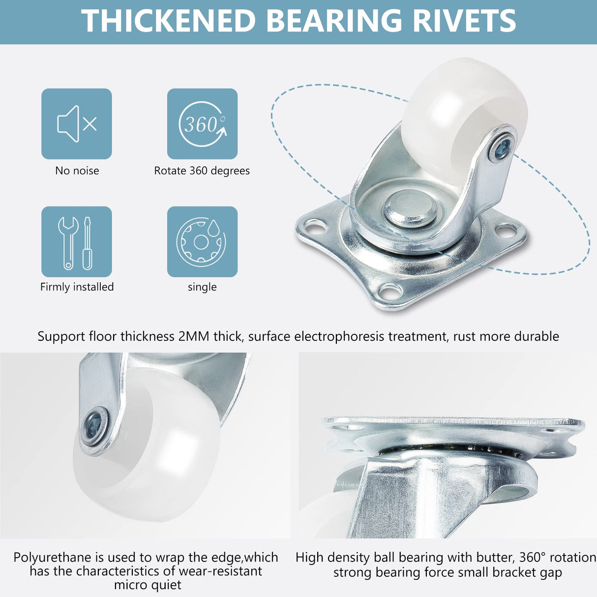 Cofufu 1" Low Profile Caster Wheels Set of 4, No Noise Casters for Furniture with Polyurethane Wheels, Small Rectangle Swivel Caster with 360 Degree Top Plate 22 lbs Weighs Capacity Each Caster Cofufu