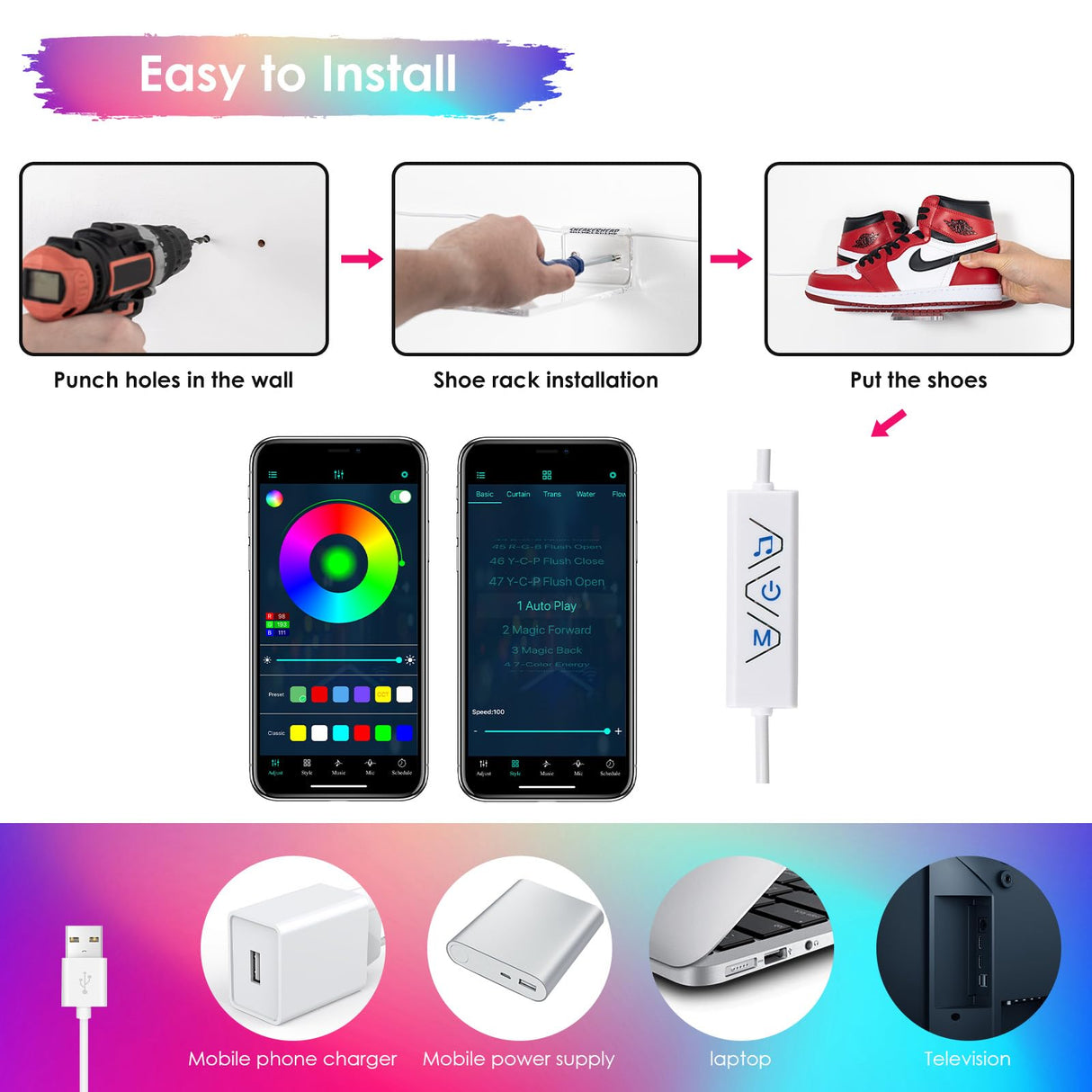 OAPRIRE LED Floating Shoe Display 6-Pack with Remote and App Controls, Music Sync Color Changing Shoe Shelf for Wall, RGB Color Changing Levitating Hanging Shoe Rack, Display Your Top Shoes OAPRIRE