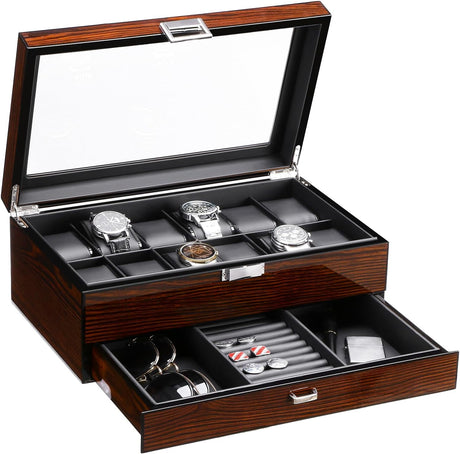 BEWISHOME 12 Watch Box with Valet Drawer, Luxury Watch Case,Watch Organizer for Mens Accessories with Real Glass Top,Metal Hinge, Brown SSH02Y BEWISHOME