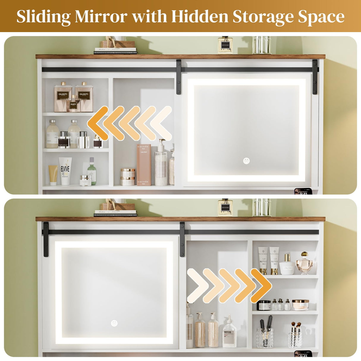 CLLASOU Farmhouse Makeup Vanity Desk with Sliding Mirror and Lights, Vanity Table with 2 Drawers & Shelves, Rustic Vanity Set with Lights Adjustable Brightness for Bedroom, White CLLASOU