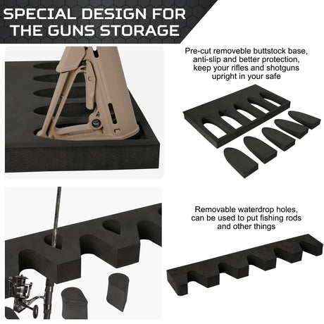 OCQOTAT Foam Gun Rack With Buttstock Base 1 Set, High Density Foam 5 Rifle Rack And Buttstock Holder With Magnetic Strip Hook For Gun Safe Accessory Storage Weapons Gun Safe Rack With Foam Padding OCQOTAT
