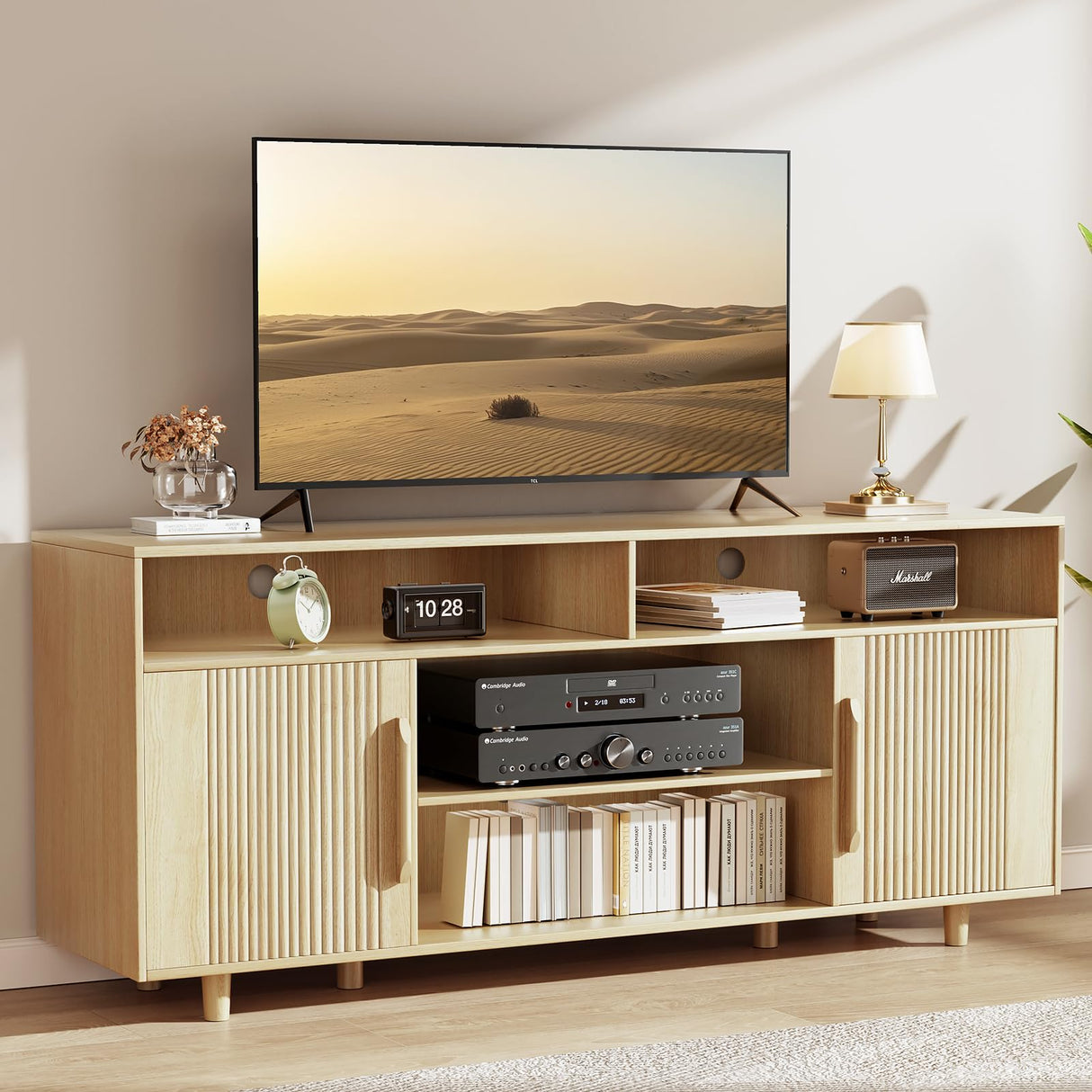 AntsandAnts TV Stand for 70 Inch TV, Fluted Modern Entertainment Center with Storage, Media Console Cabinet w/Adjustable Shelves & Doors, Wood TV Stands for Living Room, Bedroom, Natural Oak AntsandAnts