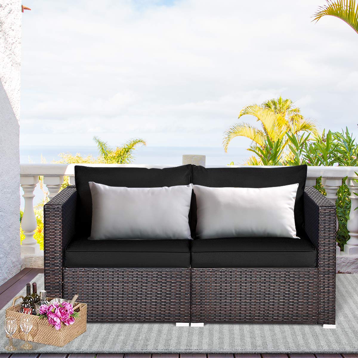 Tangkula Wicker Loveseat 2 Piece, Patio Furniture Couch with Removable Cushions, Rattan Loveseat Sofa for Balcony, Deck, Garden and Poolside Tangkula