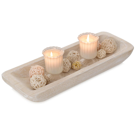 Romadedi Decorative Bowls for Home Decor - 16" Wooden Dough Bowl for Decor, Large Wood Bowl for Kitchen Table Centerpieces Long Narrow Wooden Tray for Dining Table Decor Whitewashed Romadedi