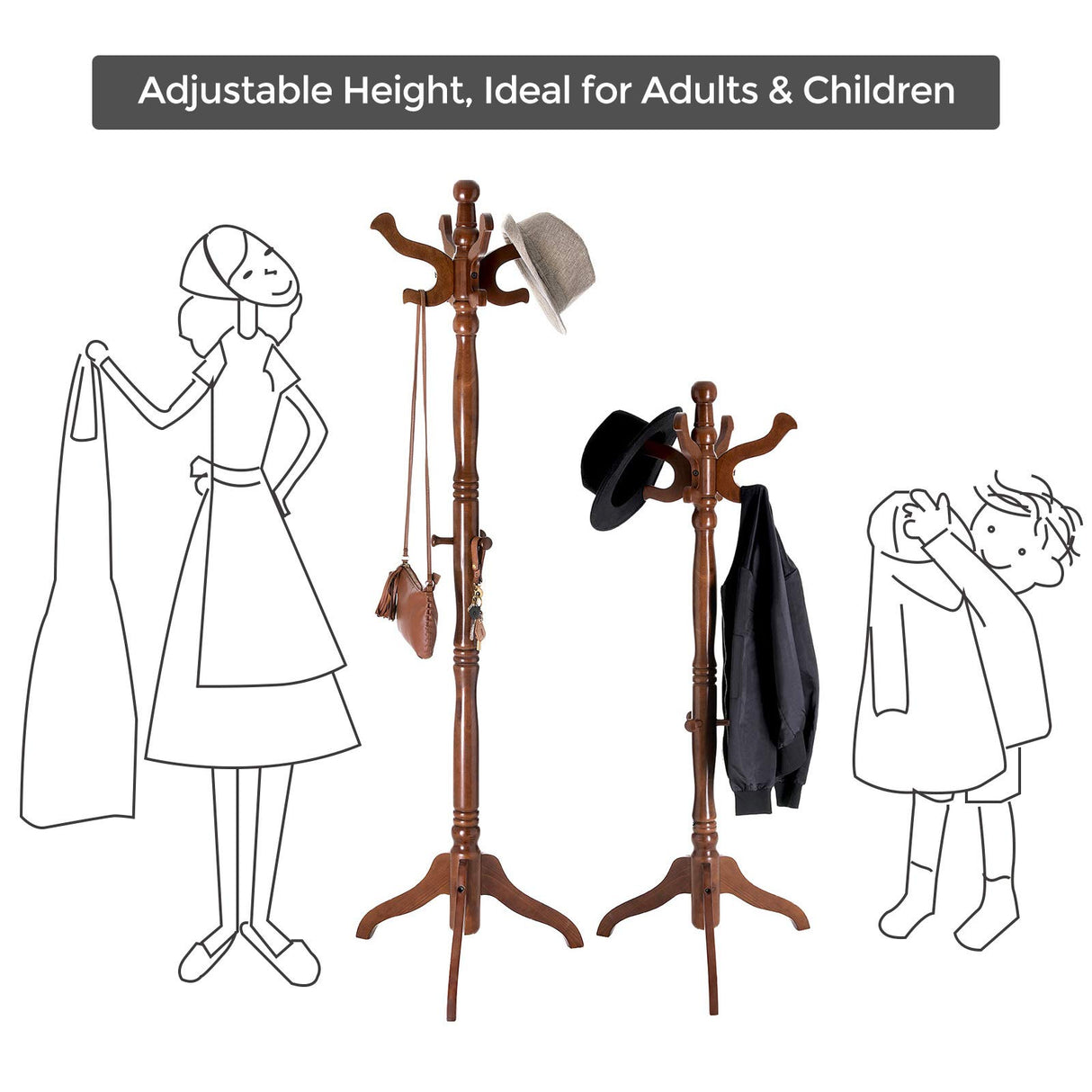 VASAGLE Coat Rack Free Standing with 11 Hooks, Wooden Hall Tree Coat Hat Tree Coat Holder with Solid Rubberwood Base for Coat, Hat, Clothes, Scarves, Handbags, Umbrella, Dark Walnut URCR05WN VASAGLE