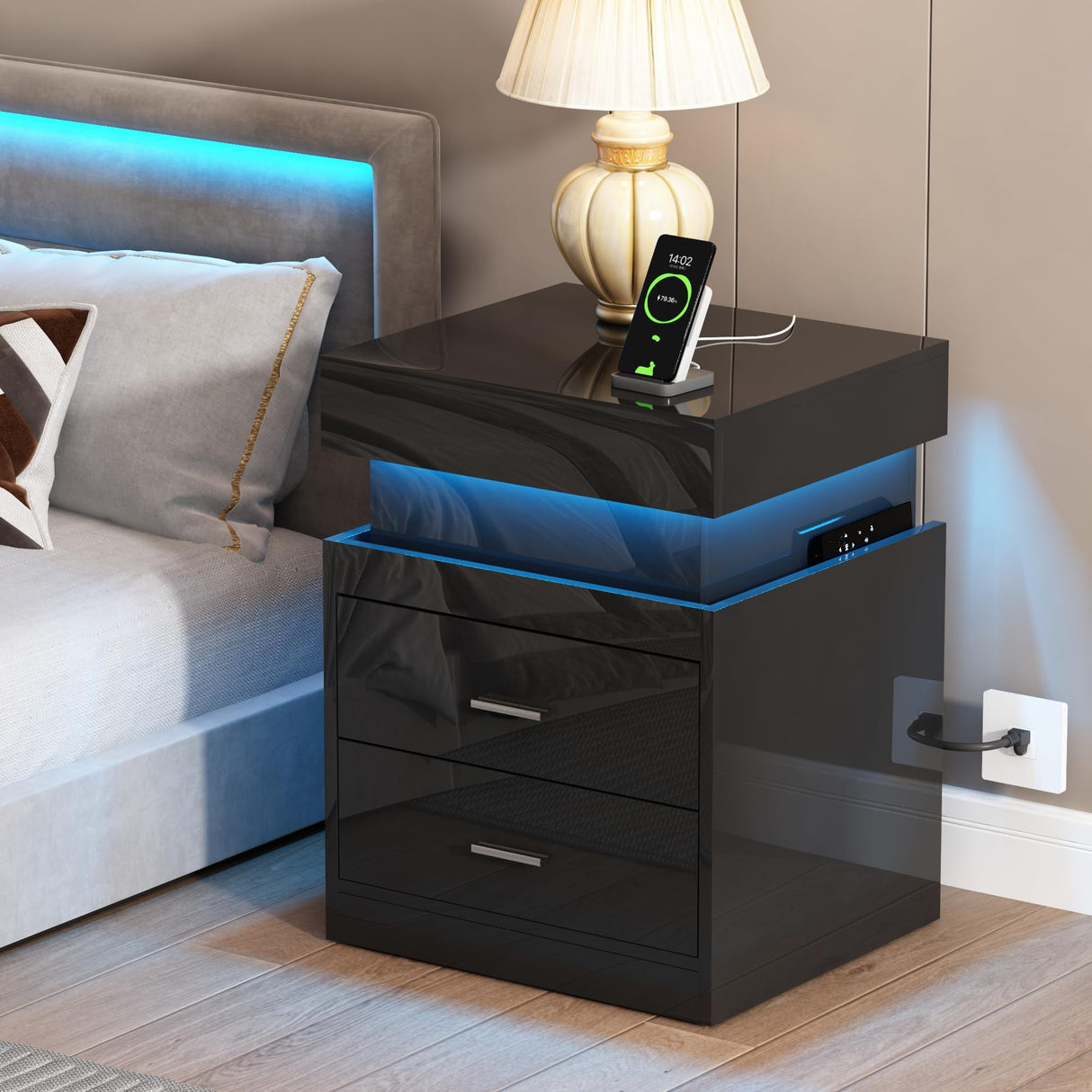 ChooChoo LED Nightstand with Charging Station,Smart Night Stand with Sliding Top Storage, 2-Drawers High Gloss Bedside Table, Modern End Table for Bedroom,Black ChooChoo