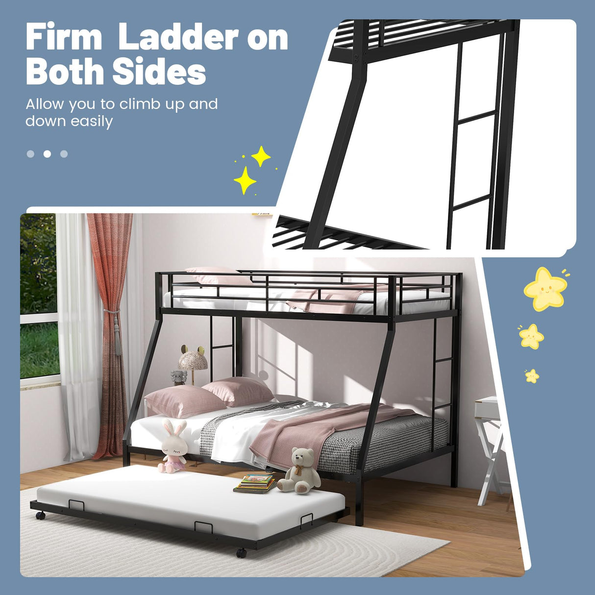 KOMFOTT Twin Over Full Bunk Bed with Trundle, Heavy-Duty Metal Bunk Bed Frame with Guardrail & 2 Ladders, Space-Saving Bunk Bed for Kids/Teens/Adults, No Box Spring Needed KOMFOTT