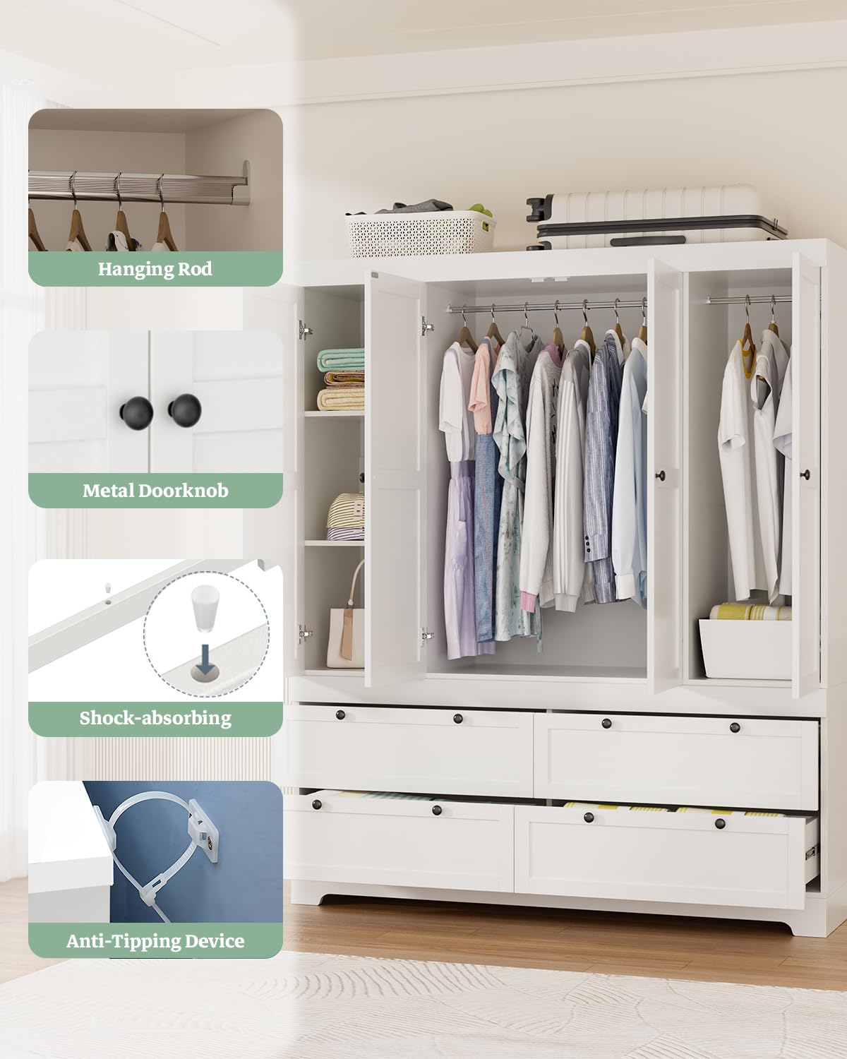 PLANNTONNEO Large White Wardrobe Closet with Drawers, Modular Closet System with Doors and Hanging Rods, Tall Large Armoire Ample Storage, Big Bedroom Armoires (4 Doors+4 Drawers) PLANNTONNEO