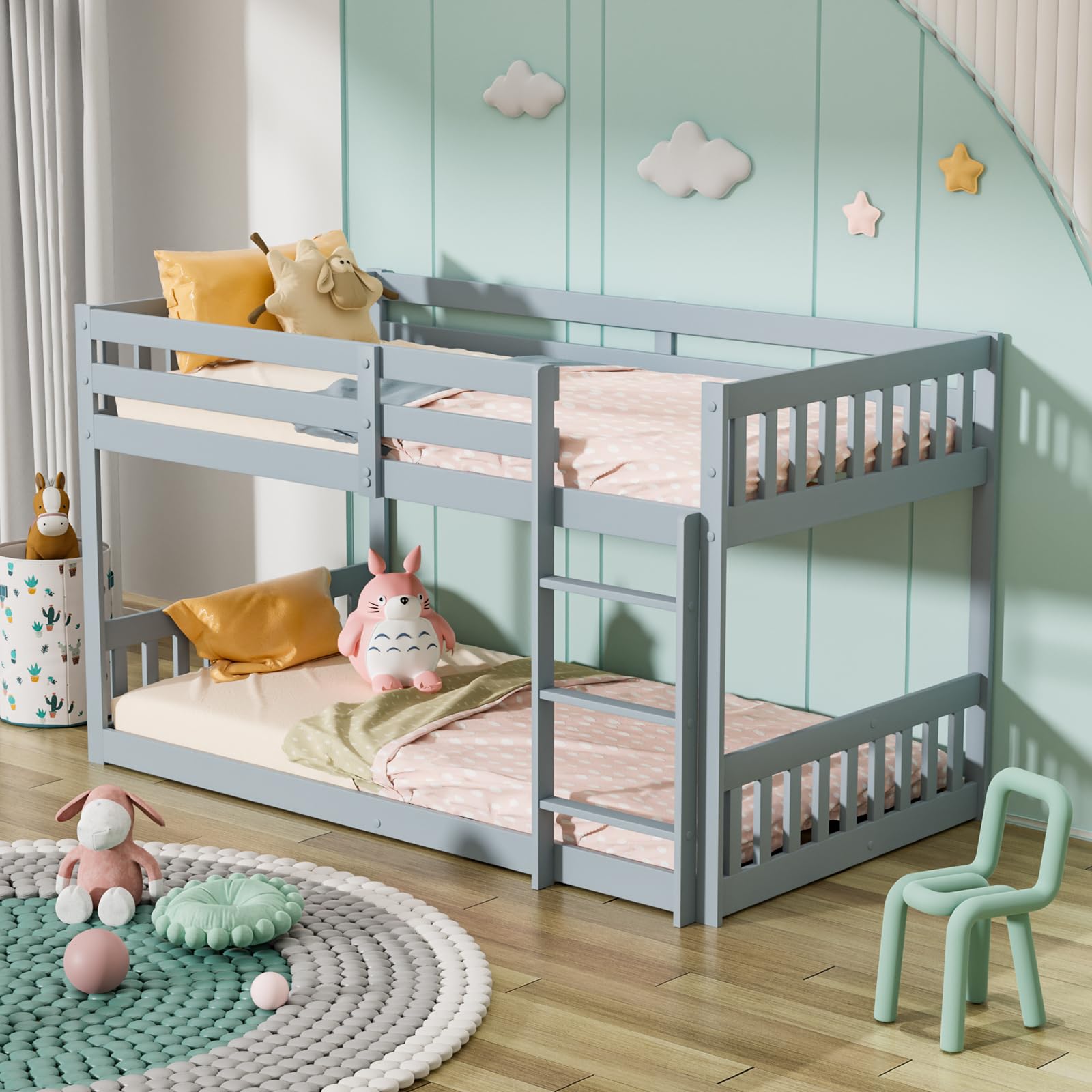 Stylish JOYMOR Twin Over Twin Solid Wood Bunk Bed Frame with Safety Guard Rails and Ladder in Grey - WoodArtSupply