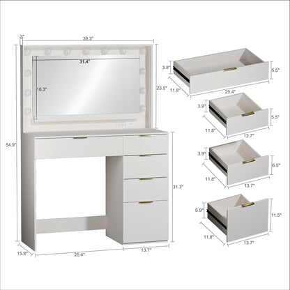 ALEXNUTRE Makeup Vanity Desk with Large Mirror and 13 LED Lights, Vanity Table with Power Outlet & 5 Drawers, 3 Lighting Color Adjustable, Vanity Desk for Bedroom and Dressing Room, White