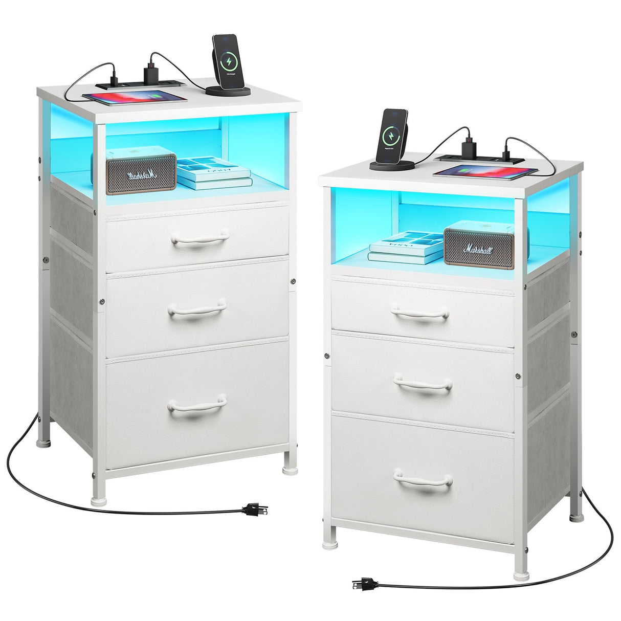 Yetom Nightstand with Charging Station Set of 2, LED Night Stand with3 Fabric Drawers, Side Table with Open Shelf, End Table with Steel Frame, 3 Drawer Dresser for Bedroom, White YeTom