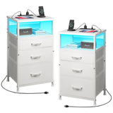 Yetom Nightstand with Charging Station Set of 2, LED Night Stand with3 Fabric Drawers, Side Table with Open Shelf, End Table with Steel Frame, 3 Drawer Dresser for Bedroom, White YeTom