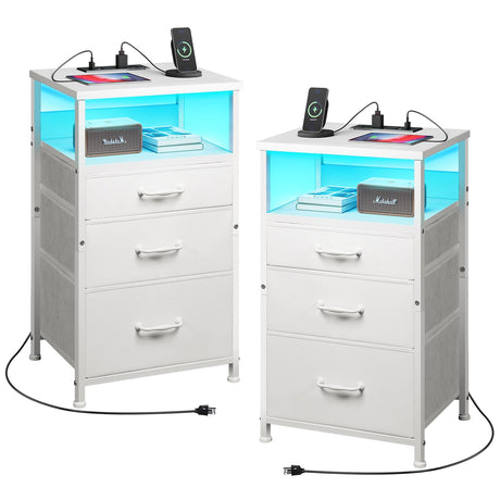 Yetom Nightstand with Charging Station Set of 2, LED Night Stand with3 Fabric Drawers, Side Table with Open Shelf, End Table with Steel Frame, 3 Drawer Dresser for Bedroom, White YeTom