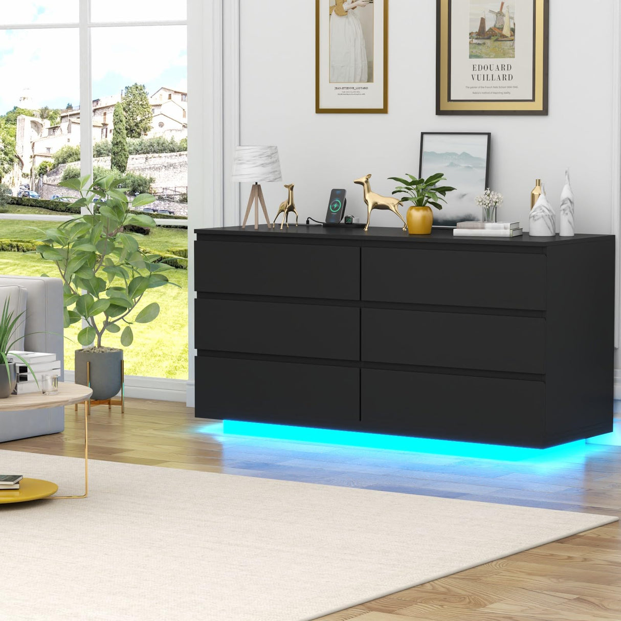 Gyfimoie 6 Drawer Dresser with Power Outlet, Floating White Dresser Chest of Drawer with LED Light,Modern Double Wide Drawer Organizer Cabinet for Bedroom,Living Room (Black) Gyfimoie