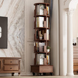 JIAWORLDER Solid Wood Rotating Bookshelf Tower on Wheels, 5-Tier Spinning Bookcase with Drawer, 72" Floor Standing Revolving Bookshelf, Rotating Bookcase for Small Space, Walnut JIAWORLDER