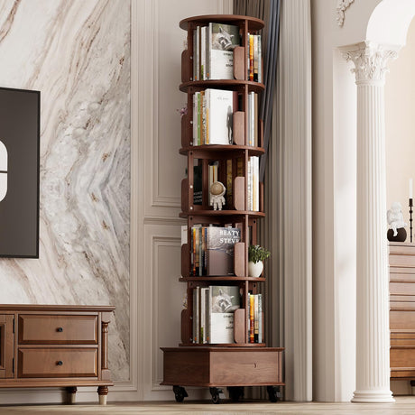 JIAWORLDER Solid Wood Rotating Bookshelf Tower on Wheels, 5-Tier Spinning Bookcase with Drawer, 72" Floor Standing Revolving Bookshelf, Rotating Bookcase for Small Space, Walnut JIAWORLDER