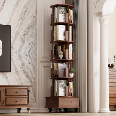 JIAWORLDER Solid Wood Rotating Bookshelf Tower on Wheels, 5-Tier Spinning Bookcase with Drawer, 72" Floor Standing Revolving Bookshelf, Rotating Bookcase for Small Space, Walnut