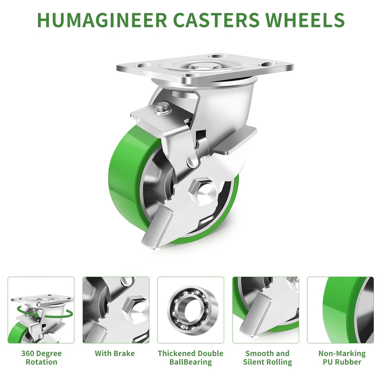 Humagineer 4 Inch Heavy Duty Industrial Grade Caster Set of 4, Industrial Swivel Casters with Brake, Maintenance-Free Aluminum Core PU Wheels 3600 LBS, Durable Casters Wheels for Industrial, Equipment Humagineer