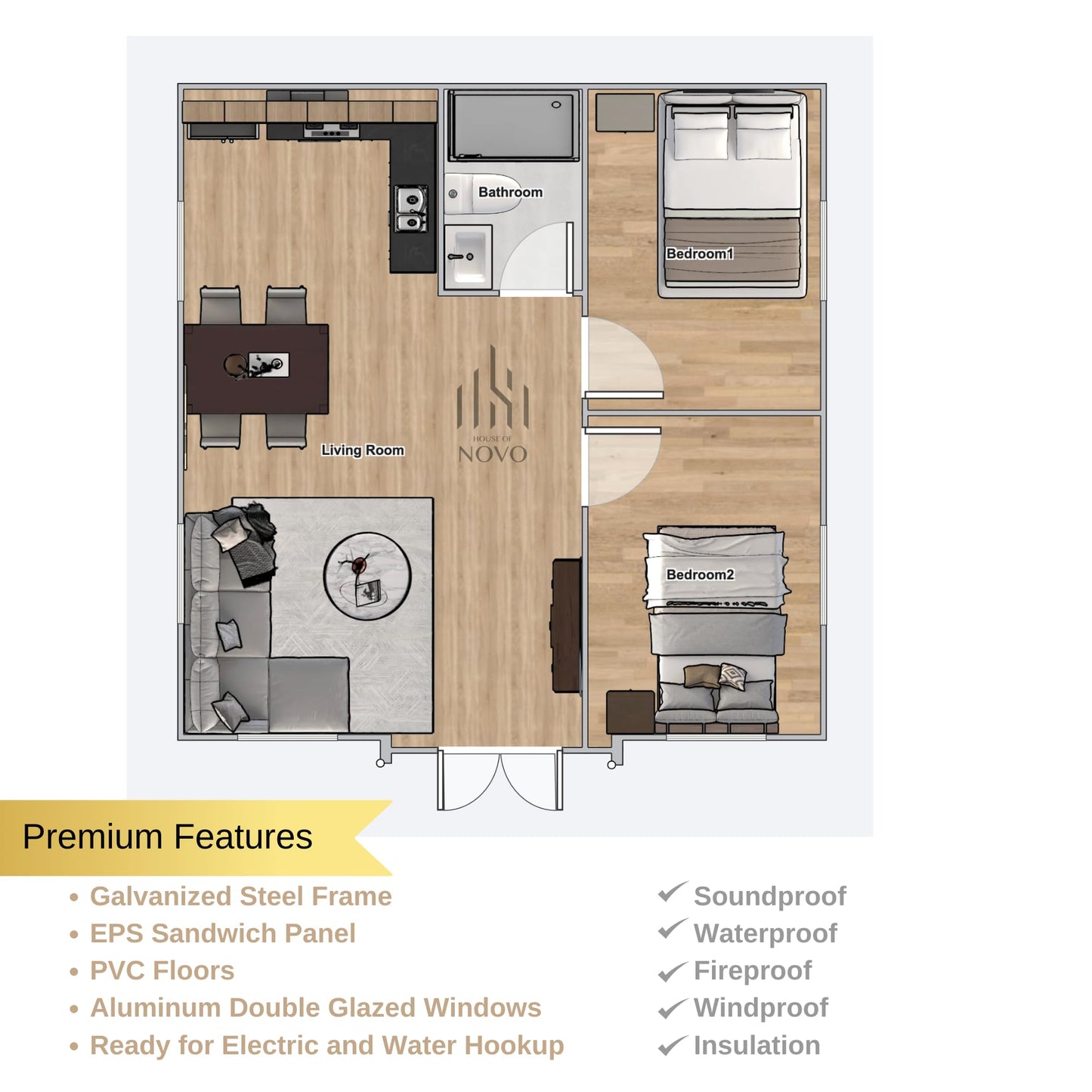 House of Novo Prefab Tiny House - 2 Bedrooms + 1 Bathroom + Kitchen - Modern Design, Solid Construction, Easy Setup, Portable, Expandable Design, 19 x 20 FT **Premium Finish