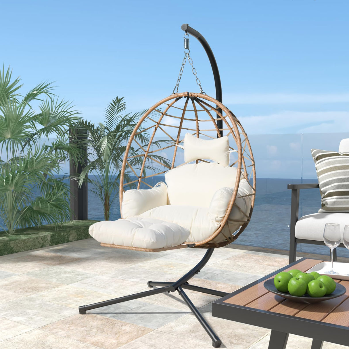 Jadoxy Hanging Egg Chair with Leg Stand, Indoor/Outdoor Swing Egg Chair Hammock Basket Seat Chair with Cushion for Porch Balcony Garden Patio (Ribbon+Rattan, Yellow+White) Jadoxy