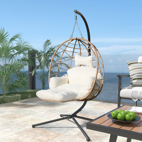 Jadoxy Hanging Egg Chair with Leg Stand, Indoor/Outdoor Swing Egg Chair Hammock Basket Seat Chair with Cushion for Porch Balcony Garden Patio (Ribbon+Rattan, Yellow+White) Jadoxy