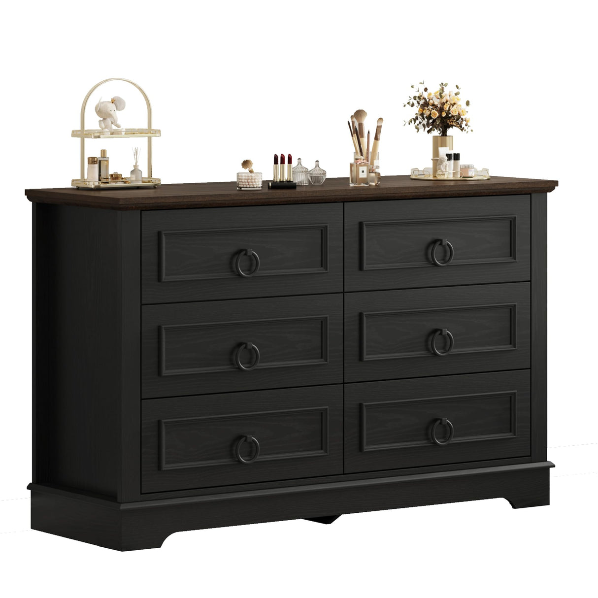 LIKIMIO Farmhouse 6 Drawers Dresser for Bedroom, 47.2" W Modern Dresser with Round Metal Handle, Thickened Desktop, Wood Rustic Chest of Drawers for Bedroom, Hallway, Entryway, Black LIKIMIO