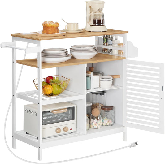 HOOBRO Kitchen Island with Storage, Kitchen Island Table with Power Outlet, 4 Tier Coffee Station and Microwave Stand with Large Worktop, for Home and Dining Room, White and Natural WN68UZD01