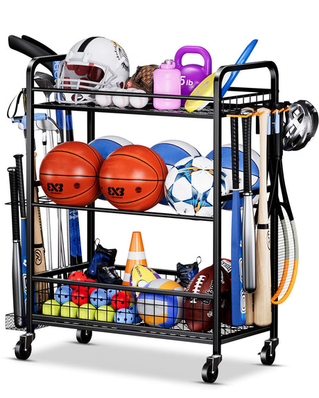 FHXZH Garage Sports Equipment Organizer - Rolling Ball Storage Rack with Wheels, Sports Gear Organizer for Garage Indoor Outdoor Toy Storage Rack, Basketball Racks Ball Cart with Basket and Hooks FHXZH