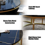 WiberWi Round Coffee Table Nesting Tables Set of 2, Large : Ø 34.0", Small : Ø 26.0", Modern Design Coffee Tables for Living Room, Gold Metal Frame Circle Cocktail Table, High Glossy Faux Black Marble WiberWi