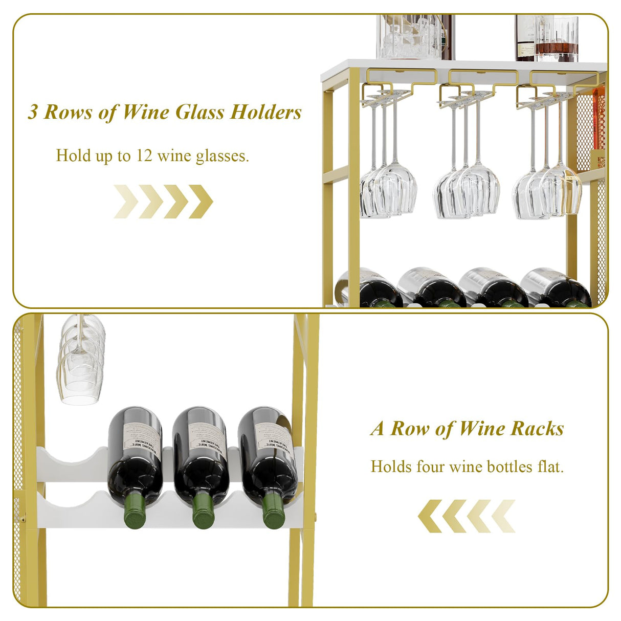 Gold Liquor Stand with Glass Holder, Multifunctional Wine Rack Freestanding Floor with Fences, Mini Bar Table for Liquor Whiskey Wine, 3-Tier Trapezoidal Liquor Cabinet for Home Bar (Patent Pending) Hayexiha