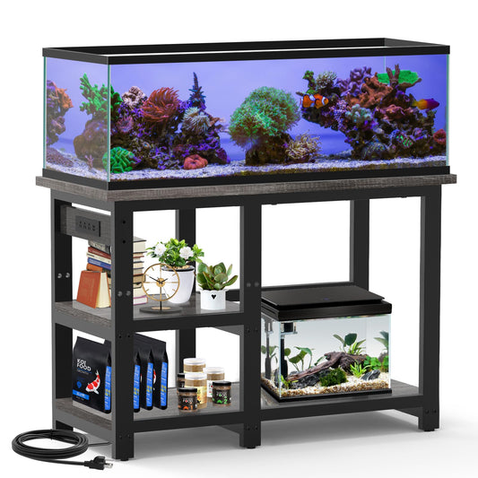 AQQA 40-50 Gallon Fish Tank Stand with 5 in 1 Power Outlets, 36x18 Inch Heavy Duty Metal Frame Aquarium Stand, Adjustable Storage Shelves, 720LBS Capacity Terrarium Stand, 3 Tiers Reptile Tan - WoodArtSupply