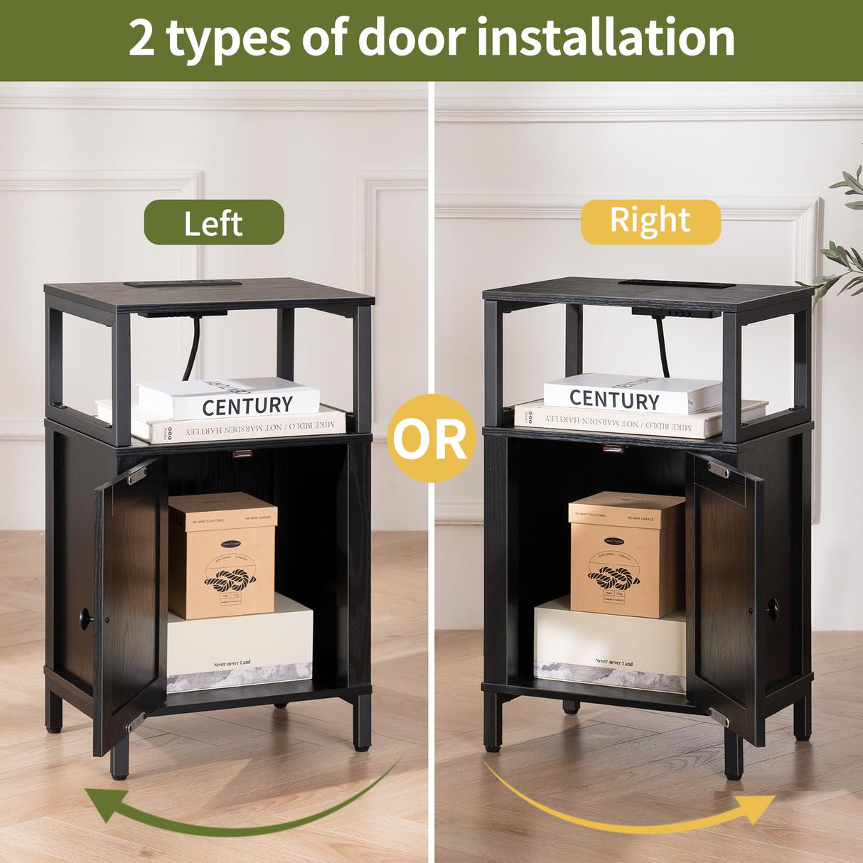 Yoobure Farmhouse Nightstand with Charging Station, Wood Night Stand End Table with USB Ports, LED Bed Side Table with Storage Cabinet, Bedside Table for Bedroom, Living Room Black Yoobure