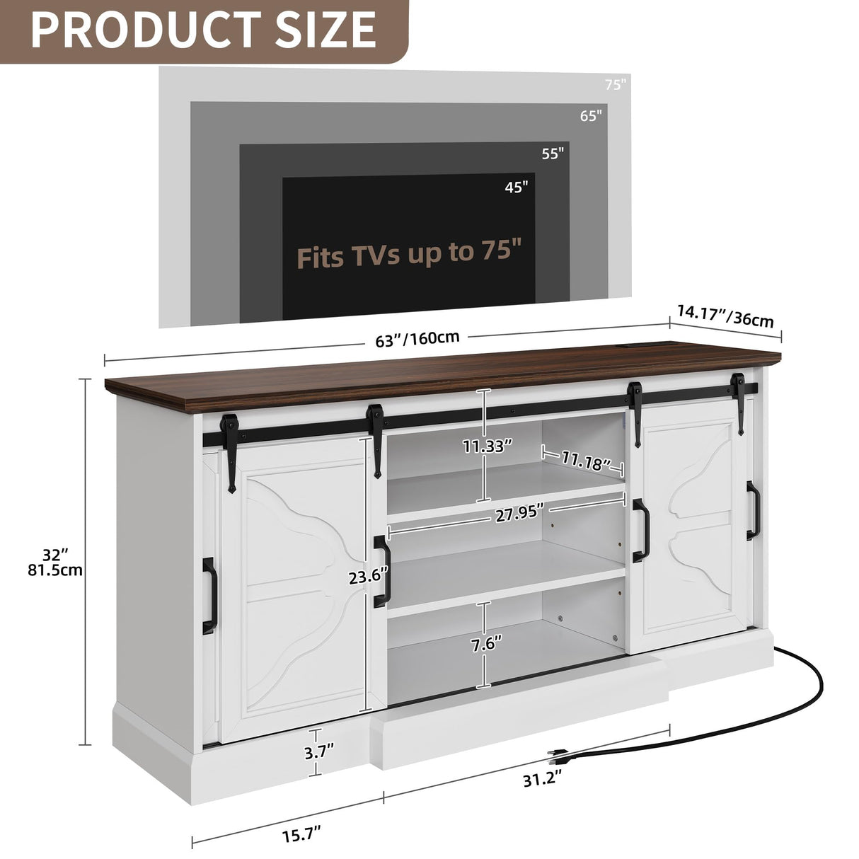 DWVO 63'' Buffet Storage Cabinet, 32'' Tall Farmhouse Sideboard Cabinet with Power Outlets and Sliding Doors, Large Coffee Bar Cabinets for Kitchen, Living Room, White/Brown DWVO