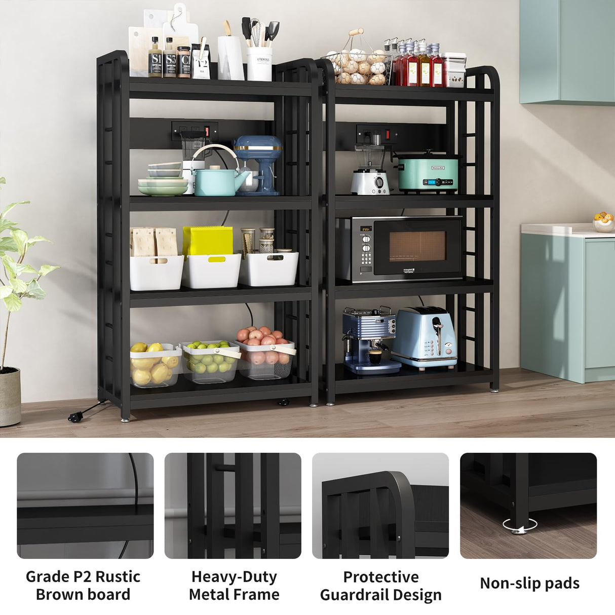 Bakers Rack with Power Outlet ，microwave stand 4-Tier Kitchen Baker's Rack, Free Standing Baker's Rack Kitchen Stands with Storage Suitable for Kitchen, Living Room, Dinning Room，Coffee Bar (Black) SIREDEEP