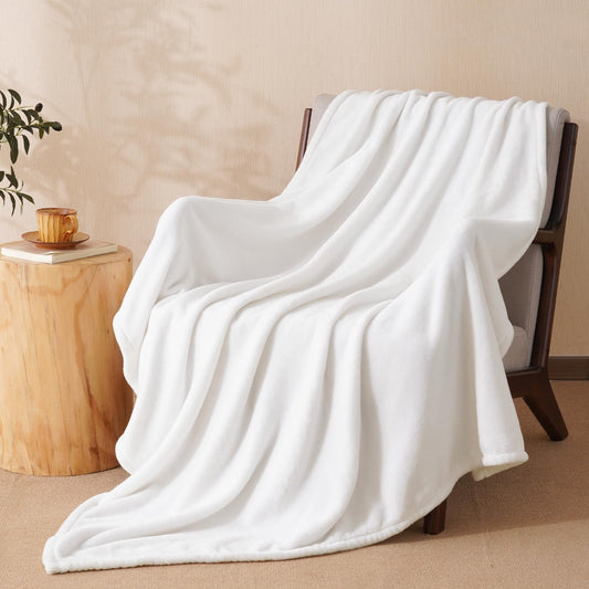 PHF Ultra Soft Fleece Throw Blanket, No Shed No Pilling Luxury Plush Cozy 300GSM Lightweight Blanket for Bed, Couch, Chair, Sofa Suitable for All Season, 50" x 60", White