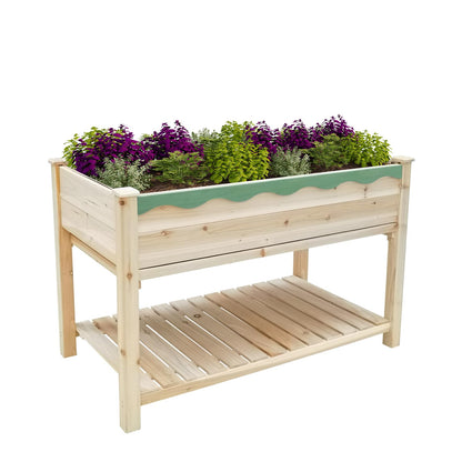 RUNSHED Wooden Raised Garden Bed with Legs 46x24x30in Outdoor Wood Elevated Planter Box for Flowers/Vegetables/Herbs with Shelf, Protective Liner, Plastic Pull-Out Tray (Natural Color)