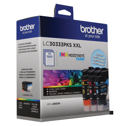 Brother Genuine LC30333PKS 3-Pack, Super High-yield Color INKvestment Tank Ink Cartridges; Includes 1 Cartridge each of Cyan, Magenta & Yellow, Page Yield Up to 1,500 Pages/Cartridge, LC3033