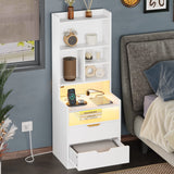 Modern LED Tall Nightstand Set of 2 with Charging Station and Storage, White ADORNEVE
