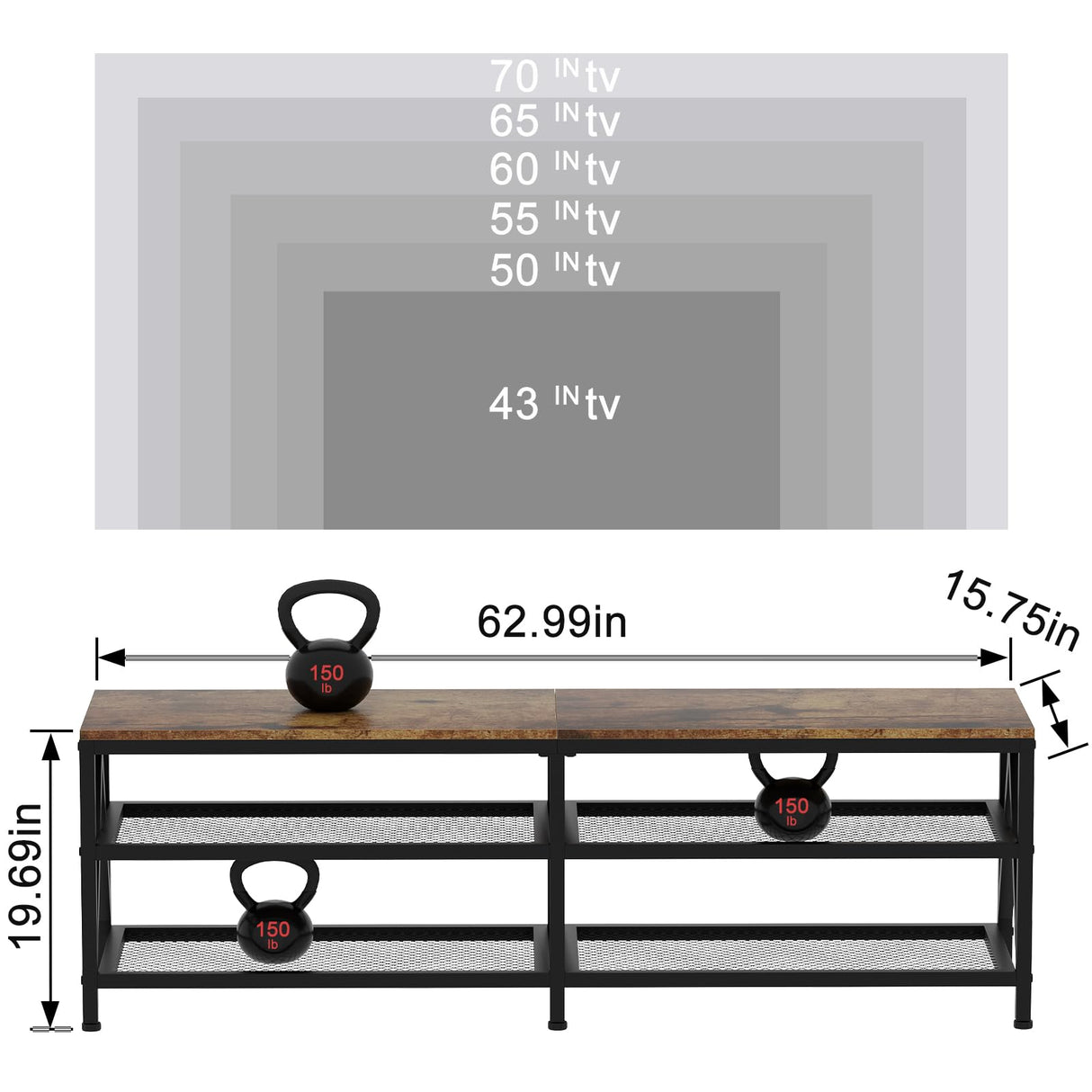 Katrawu TV Stand for TV up to 70 Inch, Long 63" TV Cabinet with 3-Tier Storage Shelves,Entertainment Center TV Console Table for Living Room with Industrial TV Metal Frame, Rustic Brown Katrawu