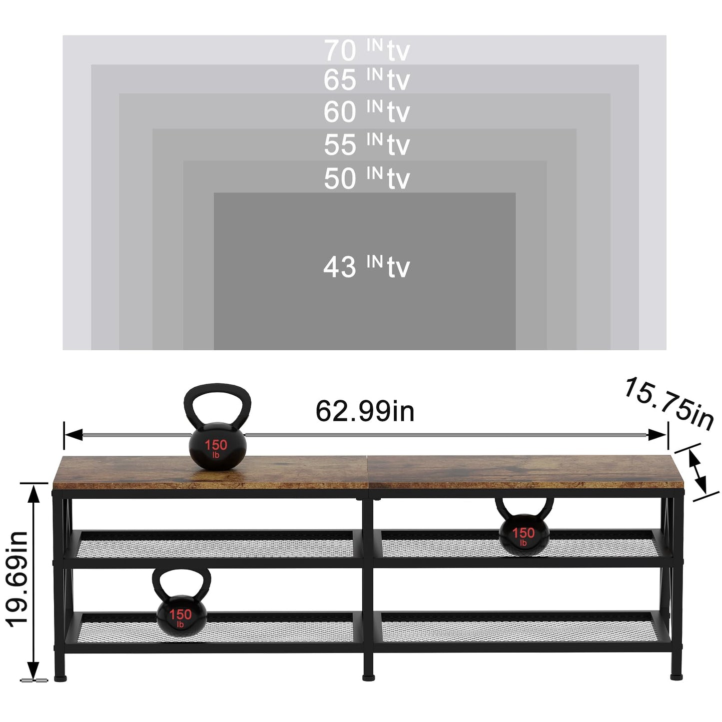 Katrawu TV Stand for TV up to 70 Inch, Long 63" TV Cabinet with 3-Tier Storage Shelves,Entertainment Center TV Console Table for Living Room with Industrial TV Metal Frame, Rustic Brown