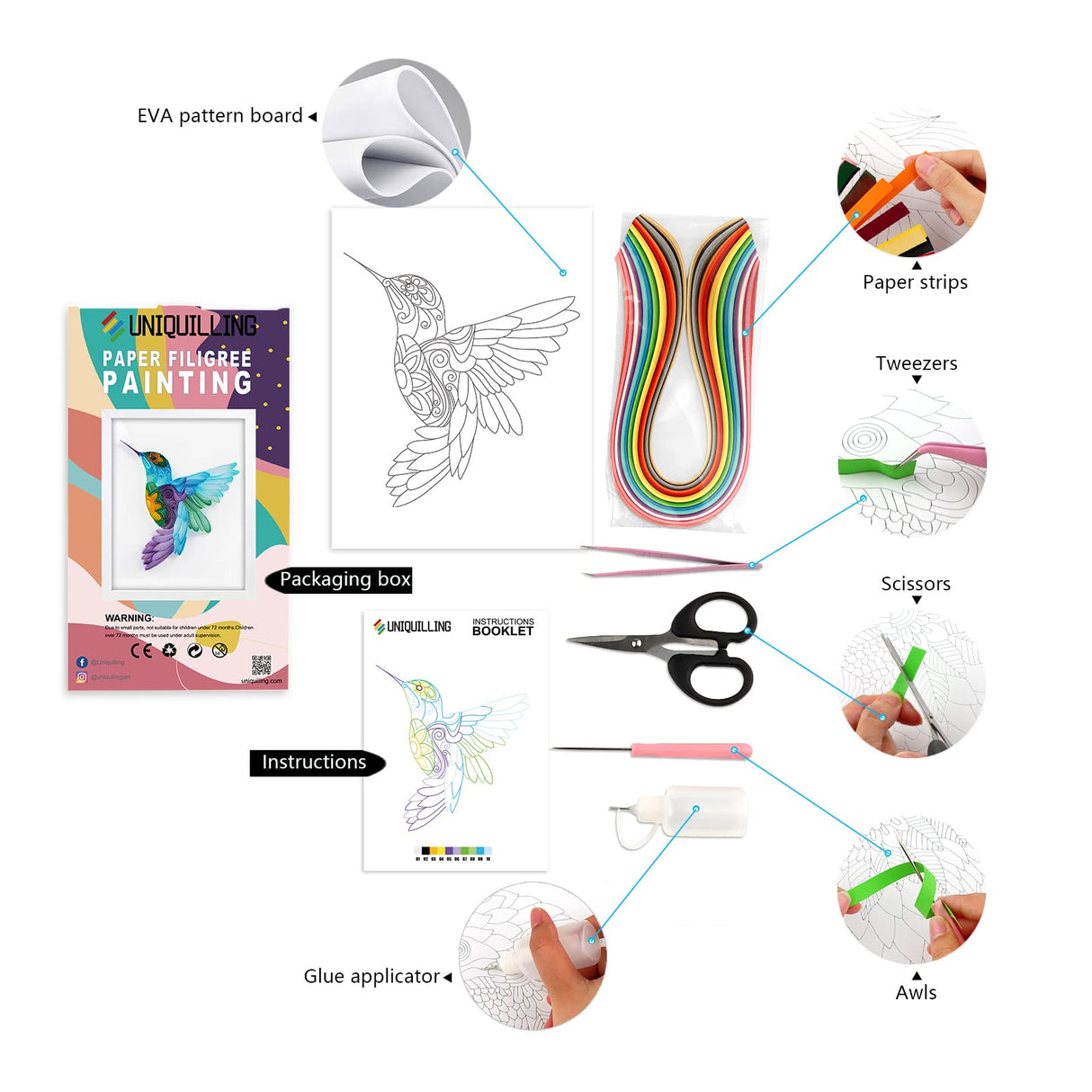 Uniquilling Quilling Kit, Paper Quilling Kits, 8 * 10-in Hummingbird Paper Filigree Kits with Quilling Tools& Using Manual, DIY Quilling Artwork Modern Wall Art for Living Room Uniquilling