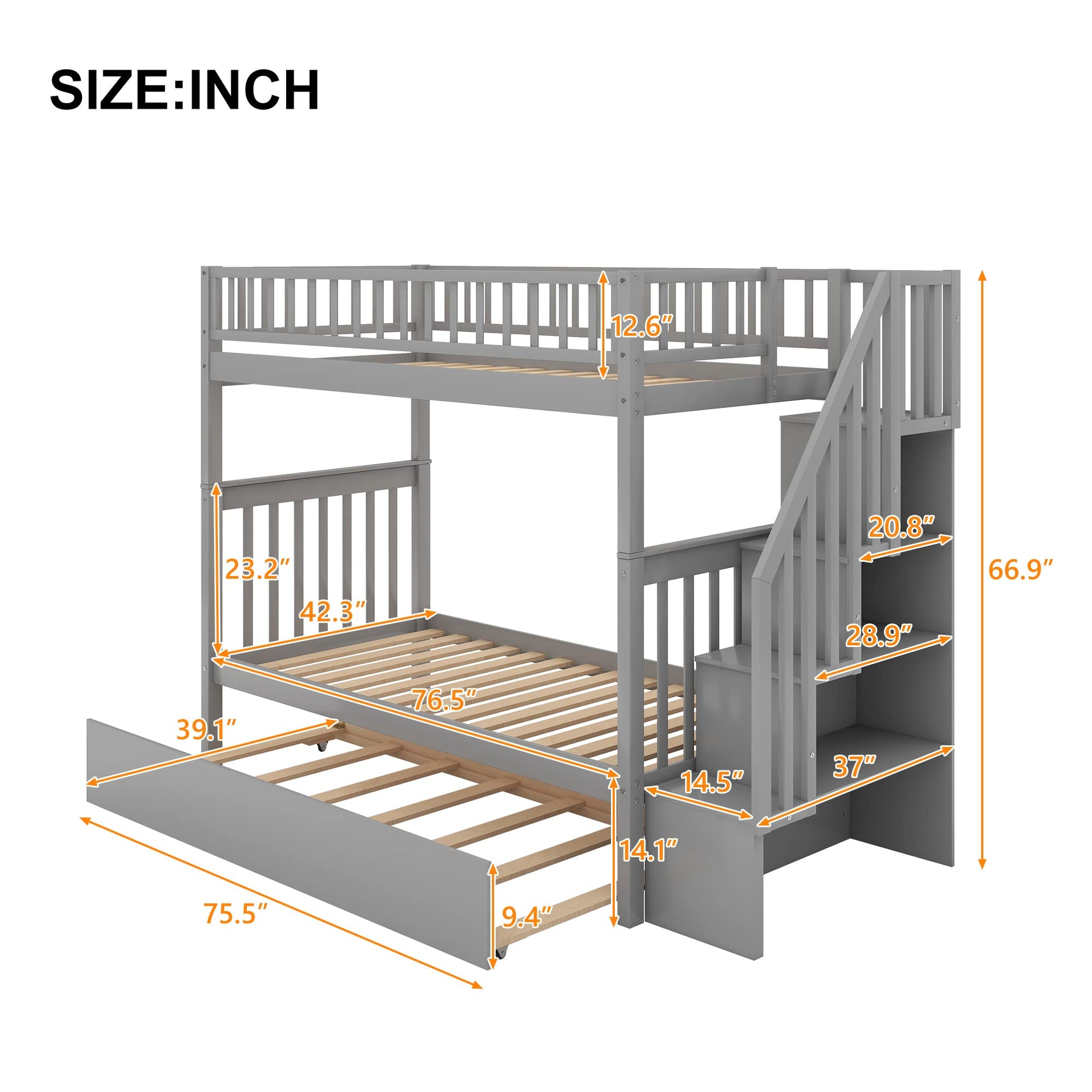 N NAANSI Grey Twin-Over-Twin Bunk Bed with Trundle and Storage Staircase - WoodArtSupply