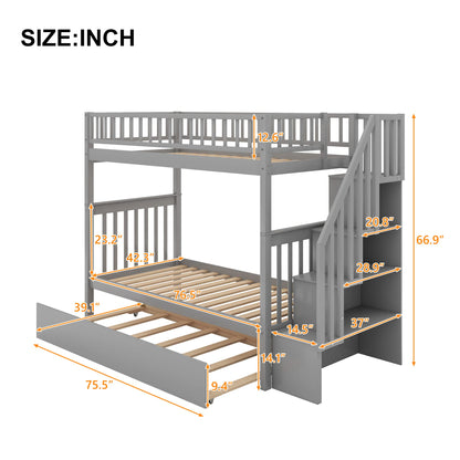 Harper & Bright Designs Twin Over Twin Bunk Bed with Stairs and Trundle, Solid Wood Stairway Bunk Bed Frame with Storage, Can be Split into 3 Separate beds, for Kids Teens Adults (Gray)