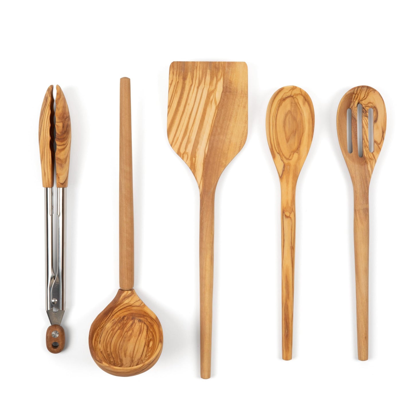 Salt & York 5-piece Olive Wooden Kitchen Utensil Set - Includes Turner, Tongs, Slotted Spoon, Ladle, and 12" Spoon - Best Wooden Spoons for Cooking - Ideal for Nonstick Cookware