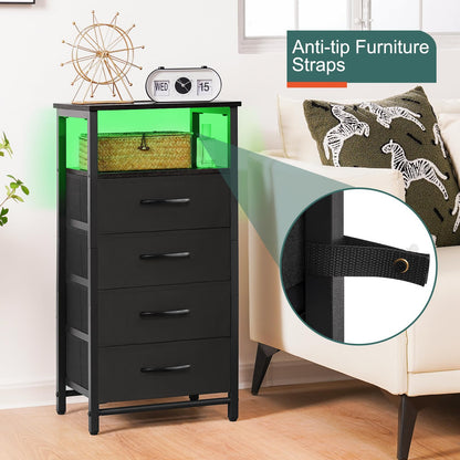 Yoobure Night Stand - Small Dresser for Bedroom, LED Black Nightstand with Charging Station, Bedside Table with 4 Fabric Drawers and Open Shelf, Vertical Dressers with USB Ports and Outlets