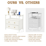 Edbuosy 27 inch Wide Nightstand with Charging Station, Bedside Table with Open Shelf, 2 Drawers Small Wood Dresser, End Side Table for Bedroom (White) Edbuosy